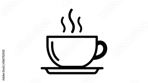 A simple black and white line drawing of a steaming cup of coffee on a saucer.