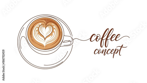 A top-down view of a delicate latte art coffee cup with a heart shape, accompanied by the handwritten words "coffee concept".