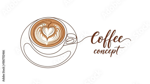 A minimalist line art illustration of a coffee cup with latte art in the shape of a heart, accompanied by the text "Coffee concept".