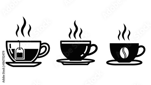Three steaming cups of hot beverages, including tea and coffee, on saucers, presented in a black and white illustration.