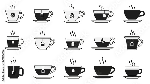 A collection of various hot beverage cups, including coffee and tea, with steam rising from them.