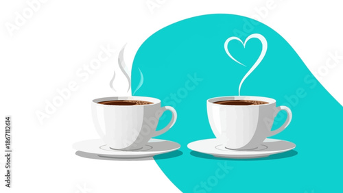 Two steaming cups of coffee on saucers, one with a heart-shaped steam cloud, symbolizing love and romance.