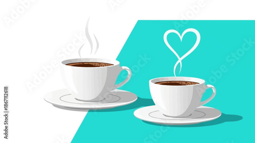 Two steaming cups of coffee on saucers, one with steam forming a heart shape, against a split white and teal background.