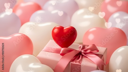 Valentine heart warmly glows near gift and balloons