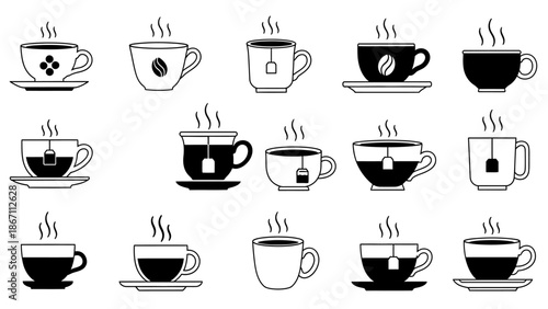 Collection of various hot beverages in cups and saucers, featuring tea bags and steam.
