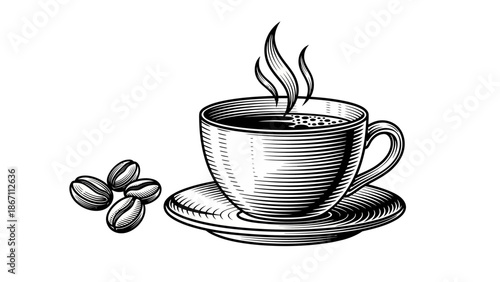 A steaming cup of coffee with roasted coffee beans on a saucer, rendered in a classic black and white engraving style.