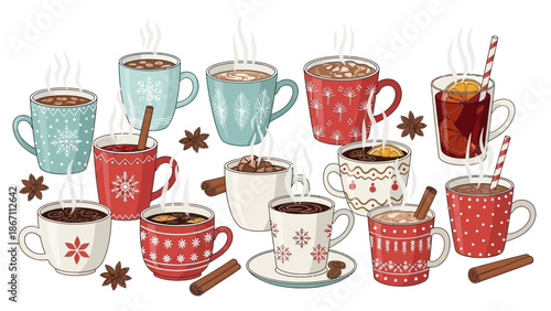 A collection of steaming hot beverages in festive mugs and glasses, perfect for a cold winter day.