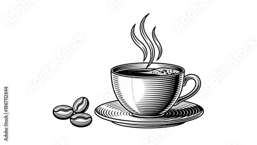 A detailed black and white illustration of a steaming cup of coffee with three coffee beans on the side.