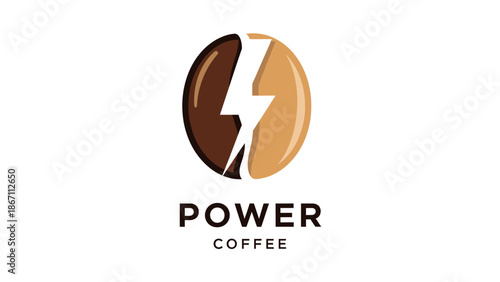 A logo for 'Power Coffee' featuring a stylized coffee bean split in half with a lightning bolt symbol.