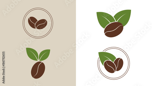 A collection of four minimalist coffee bean icons, each featuring coffee beans and green leaves, some enclosed in circles.