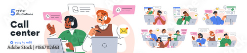 Call center, customer support service work set. Professional workers and clients communication at hotline, online helpdesk. Solving problems. Flat vector illustration isolated on white background