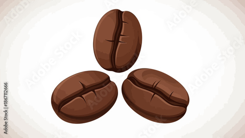 Three roasted coffee beans arranged in a triangular formation on a light background.