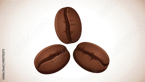 Three realistic brown coffee beans arranged in a triangular formation on a light background.
