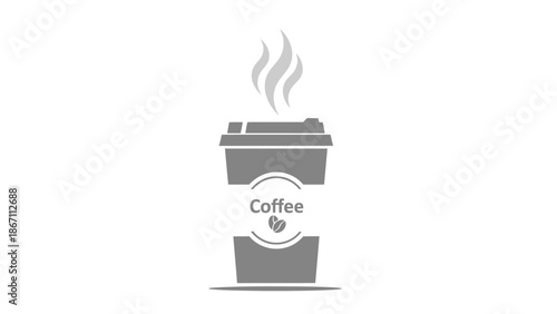 A stylized illustration of a steaming disposable coffee cup with the word "Coffee" on its sleeve.
