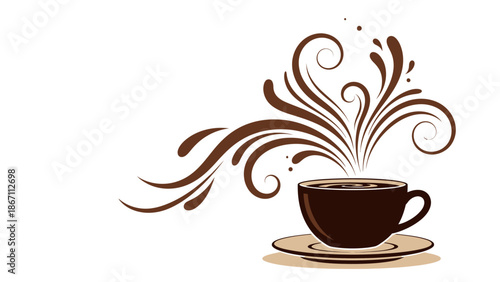 A steaming cup of coffee with decorative swirls emanating from it, set against a white background.
