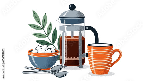 A French press coffee maker with a bowl of sugar cubes, spoons, and a mug of coffee, accompanied by a sprig of leaves.