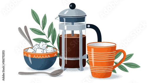 A French press coffee maker with a bowl of sugar cubes and an orange mug, surrounded by green leaves.