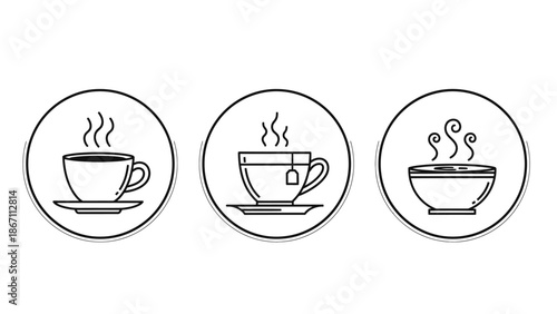 Three circular icons depicting cups of hot beverages, including coffee, tea with a tea bag, and a bowl of soup.