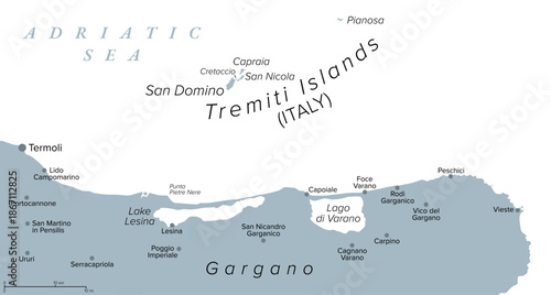 Tremiti Islands, Italy, gray political map. An archipelago in the Adriatic Sea, north of Gargano Peninsula, composed of the five islands San Domino, San Nicola, Capraia, Cretaccio, and Pianosa. Vector