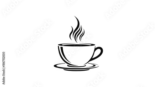 A steaming cup of coffee on a saucer, depicted in a minimalist black and white illustration.