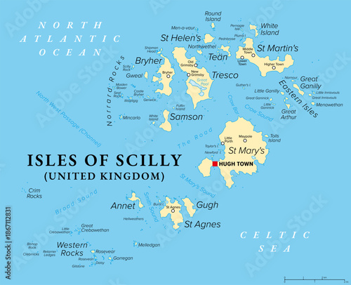 Isles of Scilly, United Kingdom, political map. Small archipelago off the southern tip of Cornwall, England, with Hugh Town as capital and largest settlement on St Mary's, the largest island. Vector