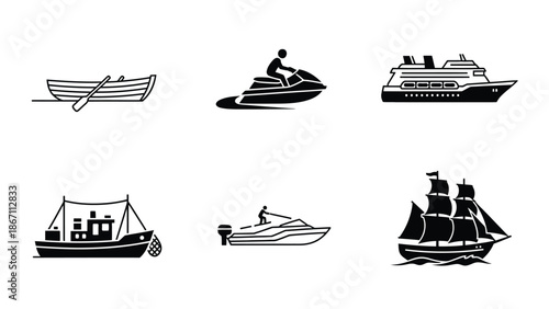 A collection of various boat and ship icons in black and white