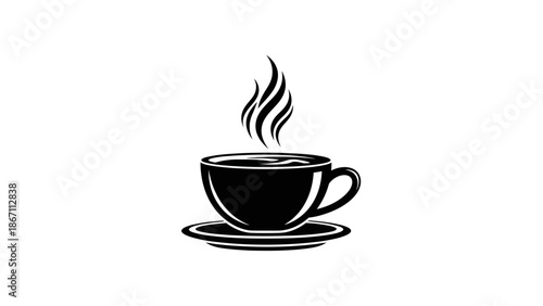 A steaming cup of black coffee sits on a matching saucer, with wisps of steam rising from the hot beverage.