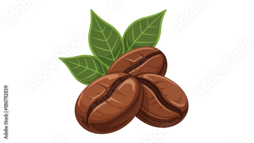 A close-up illustration of three roasted coffee beans with green leaves in the background, symbolizing freshness and natural origin.