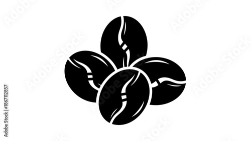A close-up, stylized black and white illustration of four coffee beans arranged in a cluster, highlighting their distinctive shape and central groove.