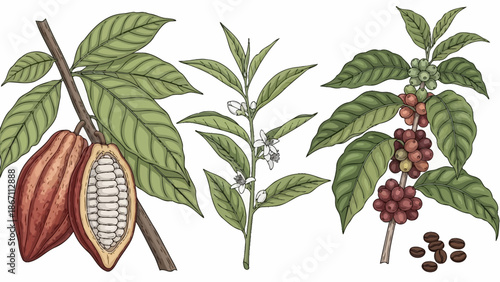 Illustration of three different plants: cocoa, tea, and coffee, showing their fruits and leaves.