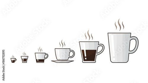 A lineup of steaming coffee cups of various sizes, from a tiny espresso cup to a large mug, showcasing a progression of volume.