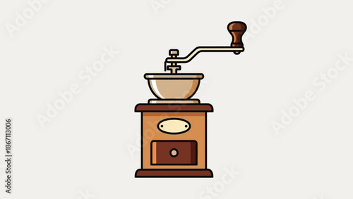 A vintage manual coffee grinder with a wooden base and a metal hopper, perfect for a rustic kitchen aesthetic.