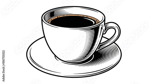 A detailed illustration of a white ceramic coffee cup filled with dark coffee, resting on a matching saucer, rendered in a classic engraving style.