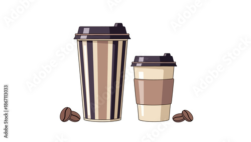 Two disposable coffee cups, one large and one small, with coffee beans scattered around them on a white background.