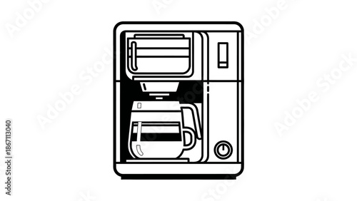 A black and white line drawing illustration of a modern automatic drip coffee maker with a carafe and a single cup.