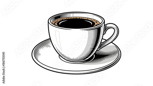 A detailed black and white illustration of a steaming cup of coffee on a saucer.