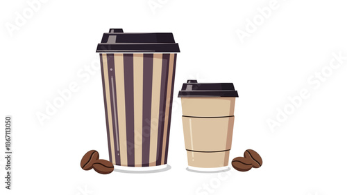 Two disposable coffee cups, one large and one small, with coffee beans scattered around them on a white background.