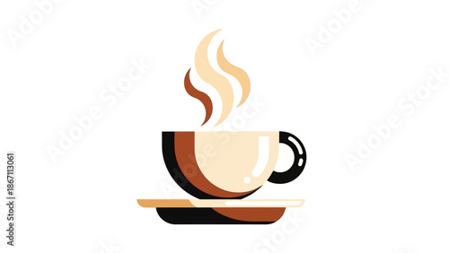 A steaming cup of coffee on a saucer, with stylized steam rising from the hot beverage.