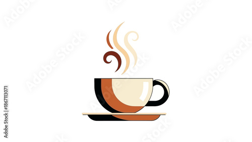 A stylized illustration of a steaming cup of coffee on a saucer, with warm colors and swirling steam.