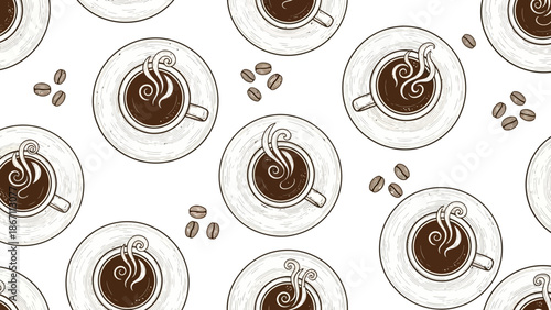 A seamless pattern of steaming cups of coffee and scattered coffee beans, rendered in a detailed, hand-drawn sketch style on a white background.