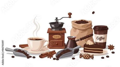 A delightful arrangement of coffee-related items, including a steaming cup, a vintage grinder, a burlap sack of beans, and a slice of chocolate cake.