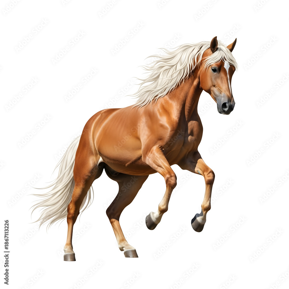Obraz premium Majestic Chestnut Horse with White Mane and Tail Galloping Isolated on White Background