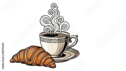 A steaming cup of coffee sits beside a golden-brown croissant on a saucer, evoking a sense of warmth and deliciousness.