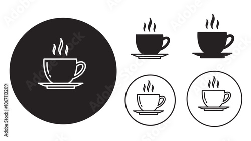 A collection of stylized icons representing a steaming cup of coffee or tea on a saucer, presented in various formats including a large black circle and smaller white circles.