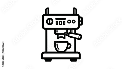A black and white line art illustration of an espresso machine brewing coffee into a cup.