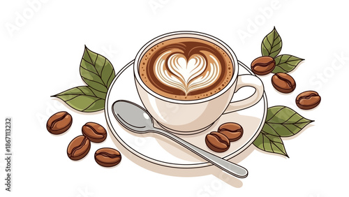 A beautifully illustrated cup of coffee with latte art in the shape of a heart, surrounded by coffee beans and green leaves on a saucer with a spoon.
