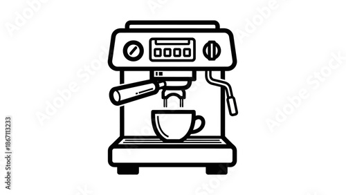 A black and white line art illustration of a modern espresso machine brewing a cup of coffee.