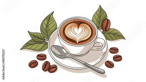 A beautifully crafted latte with heart-shaped foam art, surrounded by coffee beans and green leaves, presented on a saucer with a spoon.