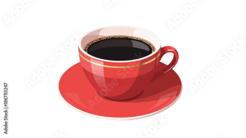 A vibrant red coffee cup and saucer filled with dark, rich coffee, presented against a clean white background.
