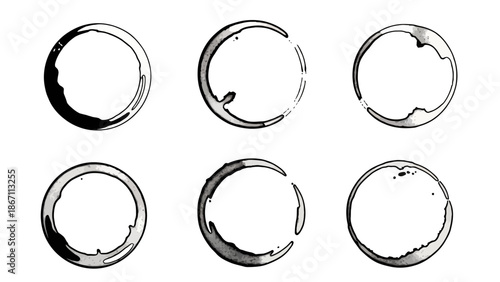 A collection of six circular coffee cup stains on a white background, rendered in a sketchy, ink-like style.